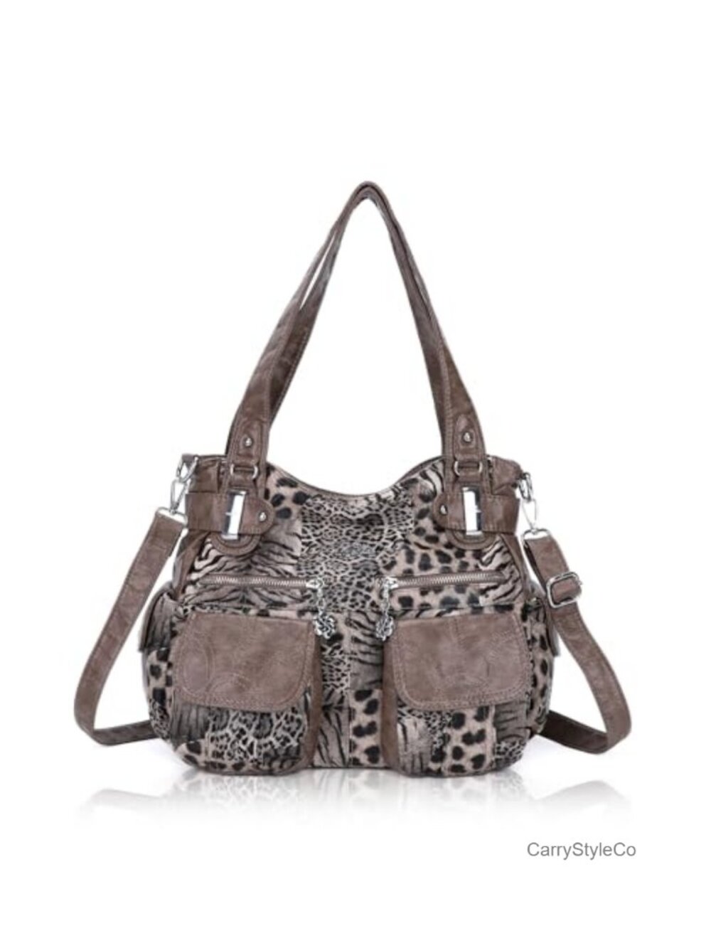 Large Hobo Bag Washed PU Leather Double Zipper Multi Pocket Shoulder Bag